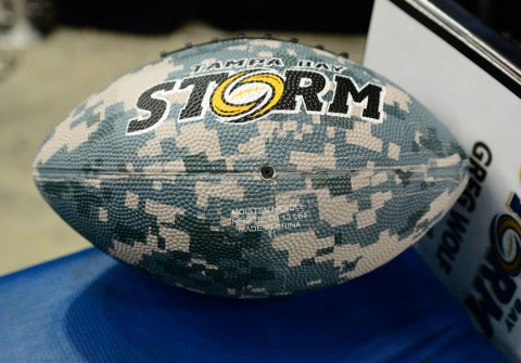 Special camo football for Military Appreciation Night, One lucky fan took this ball home.(photo by Chuck Green / Cg Photography)