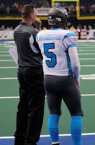 Soul head coach Clint Dolezel and QB Dan Raudabaugh try to figure a way past the stingy Storm defense. (photo by Chuck Green / Cg Photography)