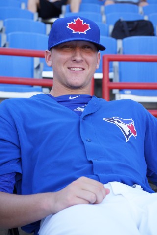 Blue Jays first rounder, ninth overall, RHP Jeff Hoffman (Tommy John Surgery) watches Tuesday's GCL game between the Phillies and Blue Jays at Florida Auto Exchange Stadium.  Because of the surgery Hoffman probably won't pitch until the end of Instructional League play in 2015. (Eddie MIchels/Photo)