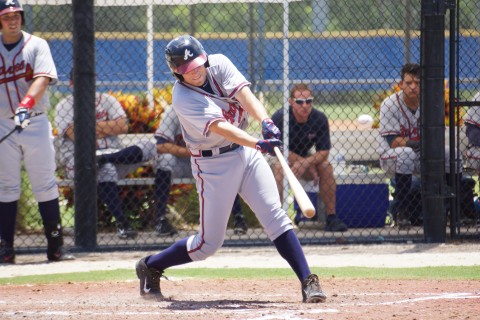  Sons of former major league players are cropping up in the Gulf Coast League this summer like Luke Dysktra son of former major leaguer Lenny Dykstra       Luke is shown here playing for the GCL Braves on Monday July 14, 2014 where he doubles and drives in a run in the fourth inning.  (Eddie Michels photo)