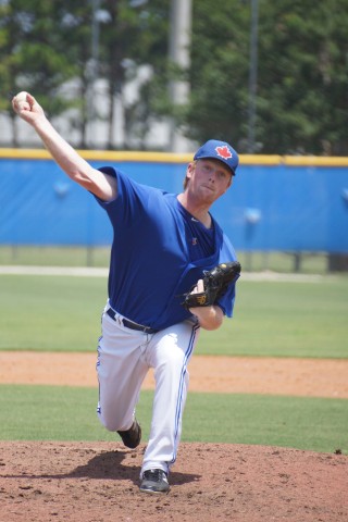 Ajax, Ont. native Sean Ratcliffe is still struggling a bit after an eight week pitching layoff due to a shoulder problem.  In his fourth appearance with the GCL Jays Ratcliffe went just 2/3 of an inning allowing one run, unearned on two hits while walking one and striking out one. (Eddie Michels/Photo)