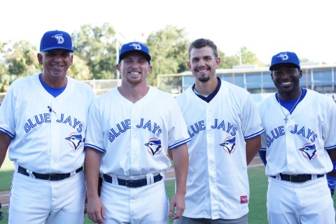 DUNEDIN, Fl.--The Upper Class-A Dunedin Blue Jays stacked the Florida State Leagues post season All Star squad for 2014.  Heading up the honorees is manager Omar Malave (L) who guided the squad to the FSL Northern Division Crown first half crown.  Closer Arik Sikula (second from left), RHP Taylor Cole (third from left) and outfielder Dwight Smith Jr. (R).  All three of the players were named to the FSL mid season all star game. (EDDIE MICHELS/PHOTO)