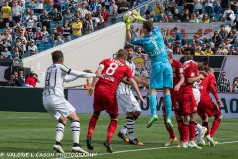 Bayer Goalkeeper Bernd Leno with a save against Corinthians, though it would not be enough in the Corinthians victory over Bayer 2-1 (photo Valerie L. Cason)