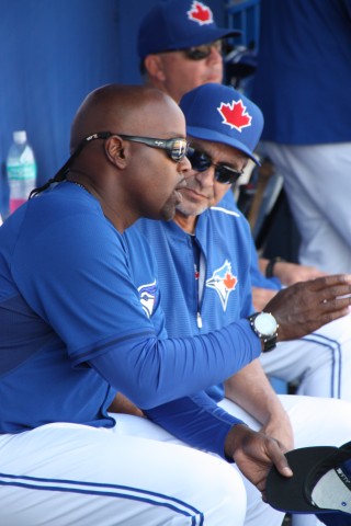 Carlos Delgado, guest instructor, chats with hitting coach Brook Jacoby  (EDDIE MICHELS PHOTO)