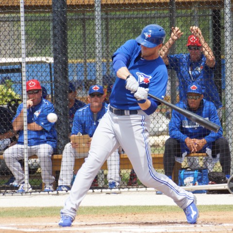 Michael Saunders (right knee) homers to right center field on a 2-2 pitch in a Class-A minor league game against Yankee farmhands on Tuesday. (EDDIE MICHELS PHOTO)