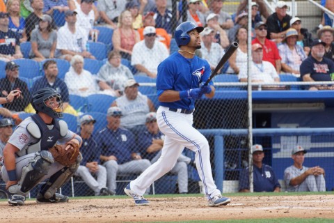 Blue Jays center fielder Dalton Pompey deposited one of Justin Verlander's offerings over the right field fence in the second inning to give them an early 1-0 lead over the Tigers. (EDDIE MICHELS PHOTO)