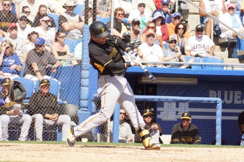 Pirates shortstop Kung, Jung Ho hit his first major league spring training home run in the top of the third on Tuesday.  His solo shot on an 0-2 offering from Blue Jays reliever Marco Estrada put the Pirates up 6-0 in route to a 8-7 Grapefruit win. (EDDIE MICHELS/PHOTO)