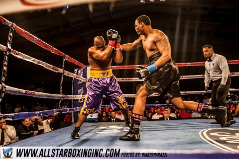 Heavyweight Edwin Alvarez (2-0, 2 KO's) tested Shamar Davis (0-2) who faded quickly after taking punishment from the opening bell, Alvarez showed that he was a legitimate puncher blasting Davis at 1:15 seconds of round one by TKO victory. (PHOTO BY ROBERT RICHARDS / RMPAPARAZZI)