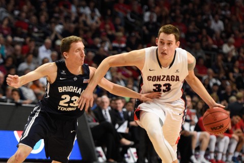 Gonzaga Bulldogs forward Kyle Wiltjer (33) dribbles the basketball against Brigham Young Cougars guard Skyler Halford (23) during the first half in the finals of the West Coast Conference tournament at Orleans Arena. (photo USA TODAY Sports / Kyle Terada)