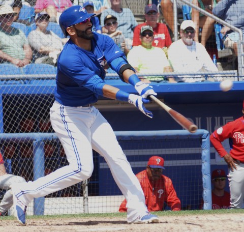 Jose Bautista only needed one hand on the bat as he went deep for the sixth time this spring as the Blue Jays beat the Phillies 10-6.  Bautista's homer to left came on a 2-2 pitch. (EDDIE MICHELS PHOTO)