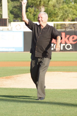 Toronto Blue Jays Day One employee now President of the Florida State League Ken Carson throws out the first the ceremonial first pitch on Friday night at the Dunedin Blue Jays home opener.  Ken became the league president with the passing of long time president Chuck Murphy. (EDDIE MICHEL PHOTO)