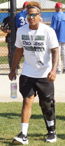 Blue Jays starter Marcus Stroman, who tore up his left knee while doing PFP drills during spring training arrives at the team's Mattick Complex.  Stroman was there to watch fellow teammate Aaron Sanchez pitch his final spring tune up prior to joining the team in New York for opening day. (EDDIE MICHELS PHOTO)