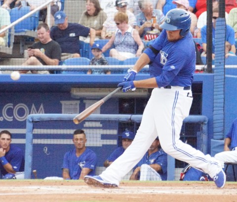 Rowdy Tellez, the reigning player of the week in the Florida State League kept up his hitting prowess with a two run homer in the first inning for Class-A Dunedin on Friday. (EDDIE  MICHELS PHOTO)