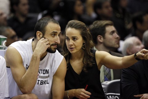  San Antonio Spurs assistant coach Becky Hammon (R) talks to shooting guard Manu Ginobili (20) during the first half against the Indiana Pacers at AT&T Center. (USA TODAY Sports / Soobum Im)