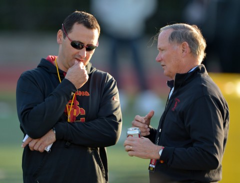 Mar 3, 2015; Los Angeles, CA, USA; Southern California Trojans coach Steve Sarkisian (left) and athletic director Pat Haden at spring practice at Cromwell Field. Mandatory Credit: Kirby Lee-USA TODAY Sports