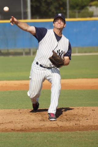 He retired from the US Army but Bob Creedon still stays active. Here Bob is pitching for the Montgomery County Yankees in the 2015 Men's Senior Baseball league Fall Classic at the Toronto Blue Jays Mattick Complex on Tuesday. (EDDIE MICHELS PHOTO)