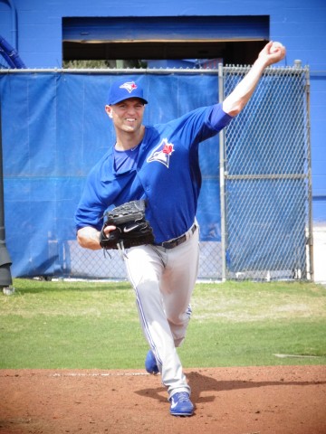Blue Jays lefty J. A. Happ (back) threw a 30-pitch bullpen session on Monday April 7, 2014 with no problems at the team's minor league complex.  "It's still up in the air," said Happ of his next rehab start, "It's either Double-A or Triple-A."  Happ made his first rehab start for Class-A Dunedin on Friday April 5, 2014 where he went five innings allowing two runs on three hits while walking one and striking out five, getting the win. (EDDIE MICHELS/PHOTO)