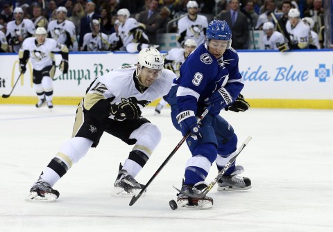 #1 Star Tyler Johnson battles Pittsburgh's Ben Lovejoy in the third period. (photo Kim Klement / USA TODAY Sports)