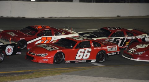 Zane Smith (77), Steve Wallace (66) and Rocket Sports & Entertainment Network favorite Stephen Nasse (51) race in tight quarters. nasse finshed 13th. (photo Rodney Meyering / RSEN)