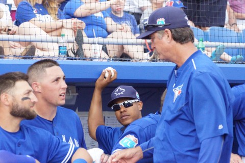 Aaron Sanchez gets words of advice and encouragement from bullpen coach Dane Johnson after throwing four shutout innings Sunday. Listening in is center fielder Kevin Pillar and photo bombing the shot is Marcus Stroman. Sanchez allowed just one hit while walking one and striking four to register his first win of the spring. The Blue Jays beat the Rays 6-1 to improve to 10-2 this spring. (EDDIE MICHELS PHOTO)