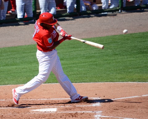 Philadelphia Phillies third baseman Maikel Franco connects for a single in Sunday's game. (photo Buck Davidson) 