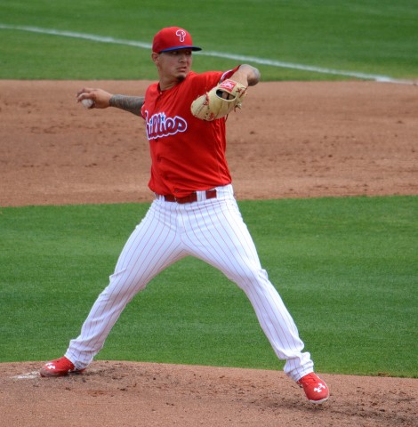 Philadelphia Phillies starting pitcher Vince Velazquez logged a serviceable outing against Toronto on Saturday. (photo Buck Davidson)