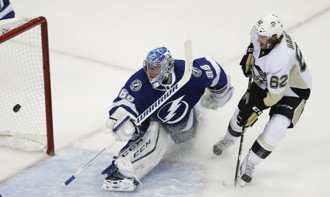  Carl Hagelin (62) scores a goal against Tampa Bay Lightning goalie Andrei Vasilevskiy (88) during the second period in game three of the Eastern Conference Final of the 2016 Stanley Cup Playoffs at Amalie Arena. (photo Reinhold Matay / USA TODAY Sports)