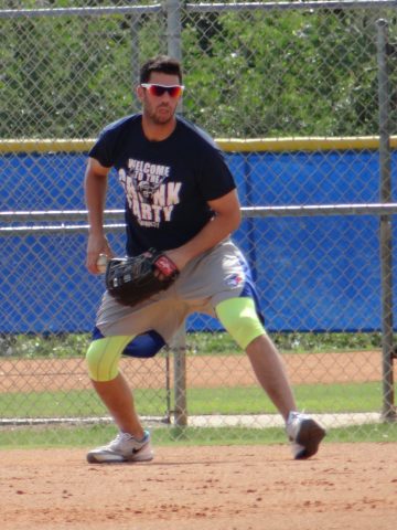 Chris Colabello Works Out at First  (EDDIE MICHELS PHOTO)
