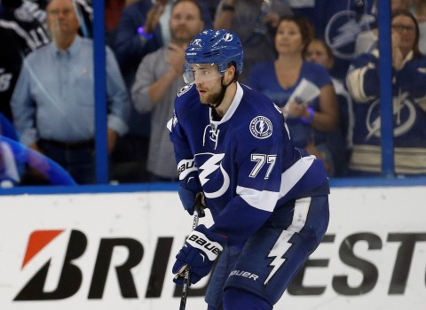 May 8, 2016; Tampa, FL, USA; Tampa Bay Lightning defenseman Victor Hedman (77) skates with the puck against the New York Islanders during the third period in game five of the second round of the 2016 Stanley Cup Playoffs at Amalie Arena. Tampa Bay Lightning defeated the New York Islanders 4-0. Mandatory Credit: Kim Klement-USA TODAY Sports