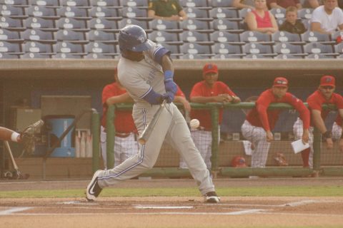 Jonathan Davis connects on the games second pitch for a homer to right center as the Dunedin Blue Jays beat the Clearwater Threshers 4-0 Thursday night. (EDDIE MICHELS PHOTO)
